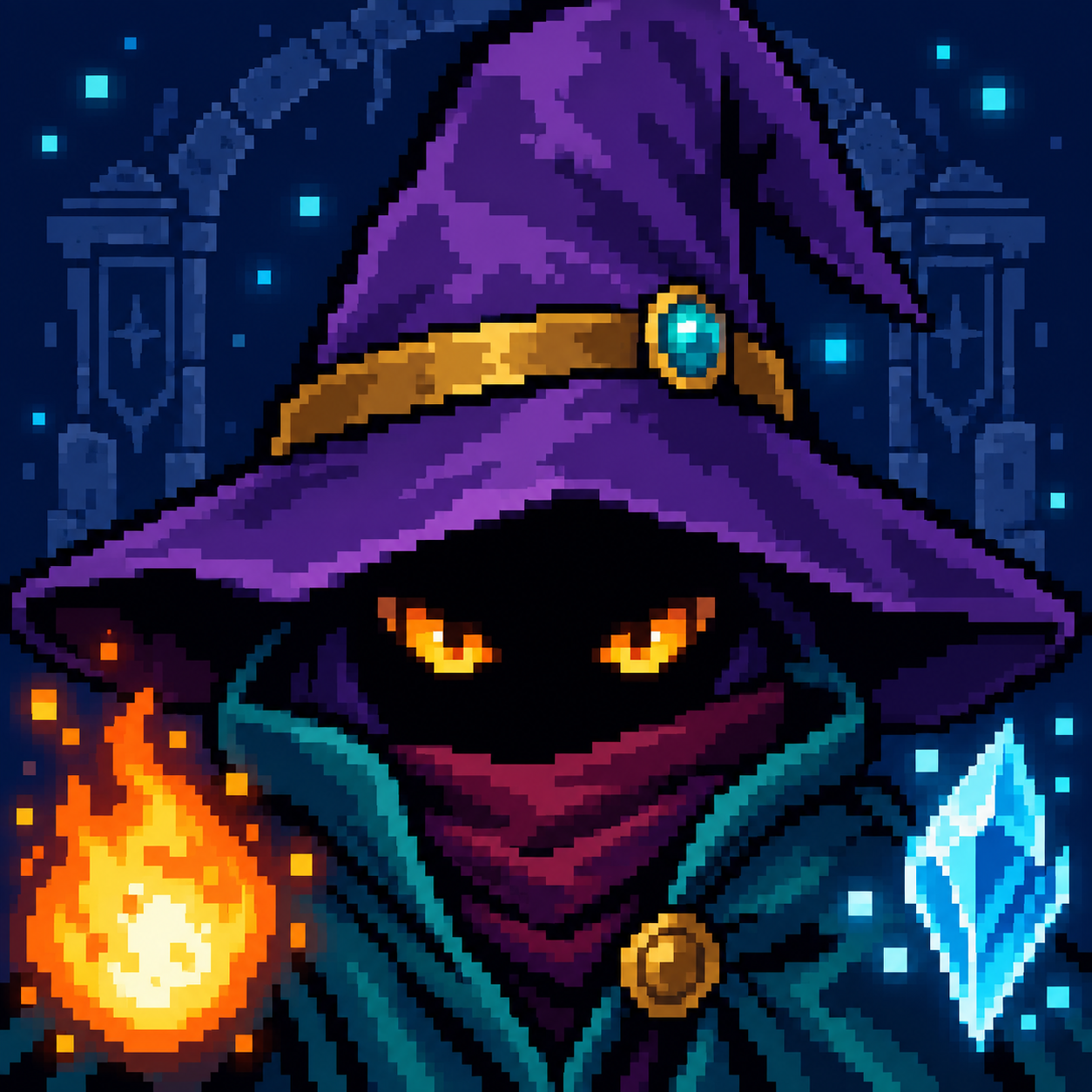 A pixel-art wizard holding a glowing staff